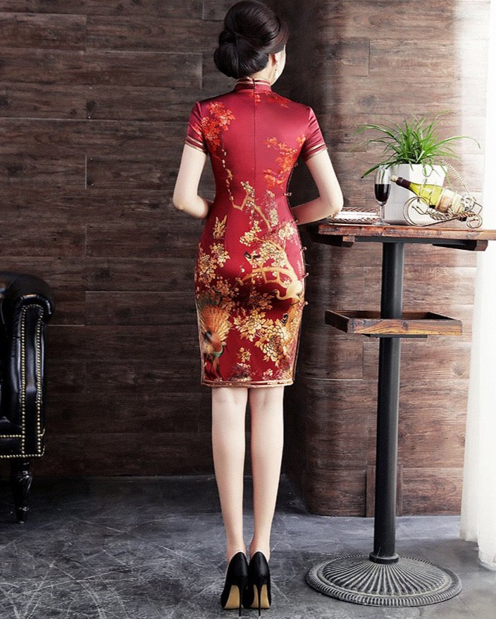 Crane pattern, mulberry silk, short Qipao