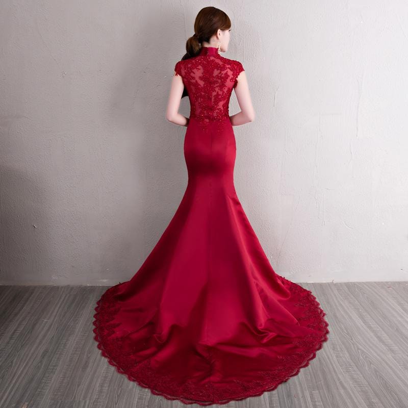 Floral embroidery, satin fabric, burgundy fishtail Qipao