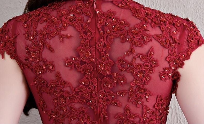 Floral embroidery, satin fabric, burgundy fishtail Qipao