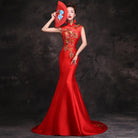 Floral Sequined, twill satin fabric, red fishtail Qipao