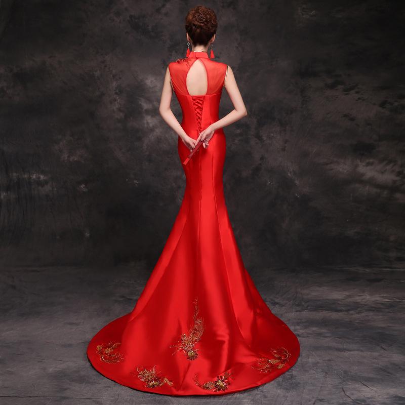 Floral Sequined, twill satin fabric, red fishtail Qipao