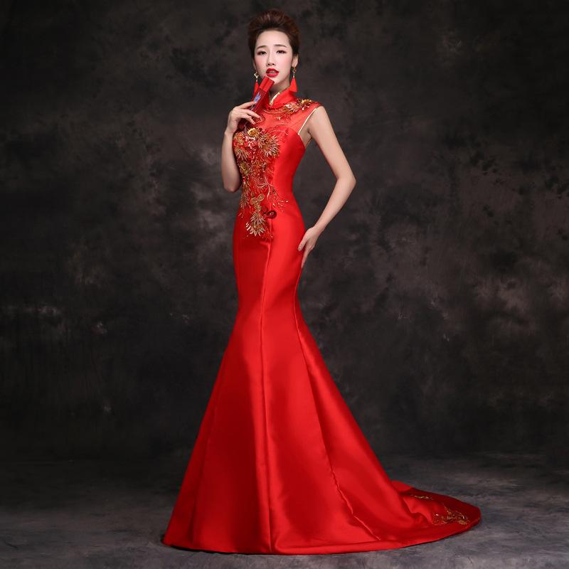 Floral Sequined, twill satin fabric, red fishtail Qipao