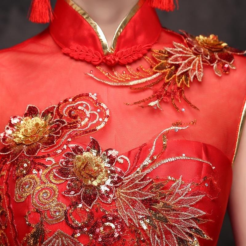 Floral Sequined, twill satin fabric, red fishtail Qipao