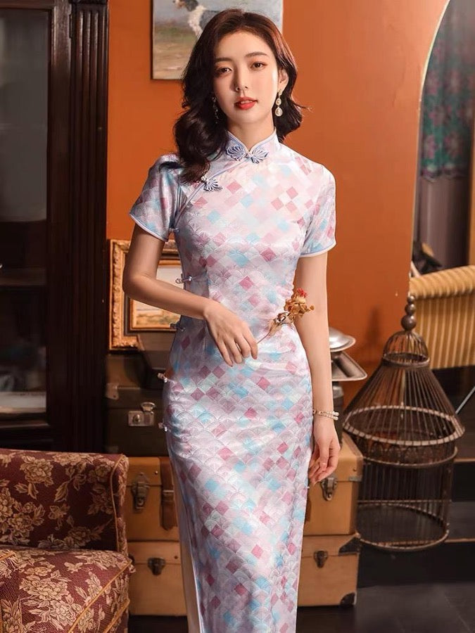 Beth and Brian Qipao - GY Plaid pattern, modern silk long Qipao
