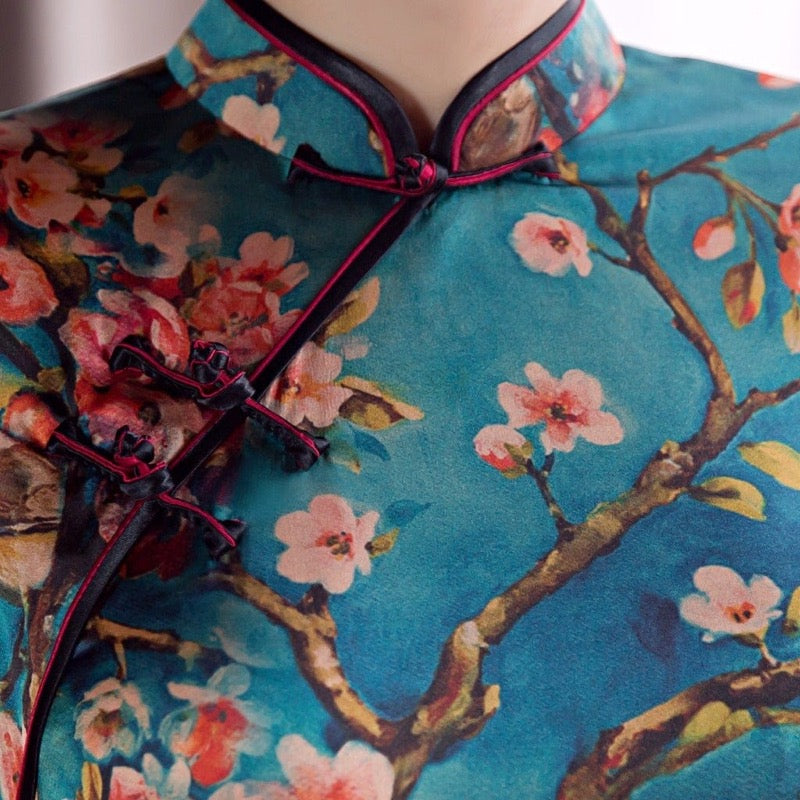 Beth and Brian Qipao- WXG 19 mome mulberry silk, floral pattern, red silk Qipao