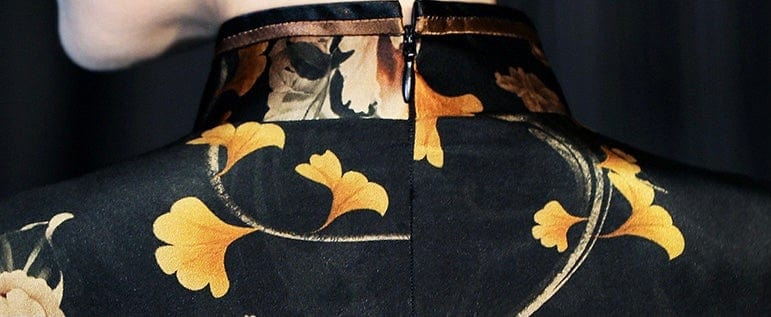 Beth and Brian Qipao- WXG 19 mome mulberry silk, floral pattern,  black and gold Qipao