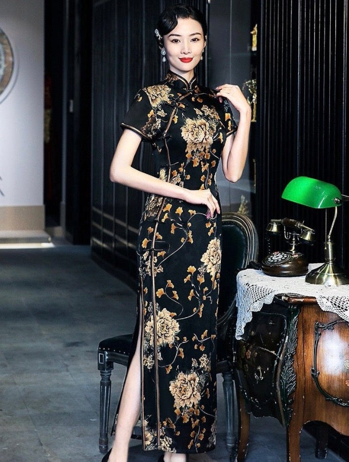 Beth and Brian Qipao- WXG 19 mome mulberry silk, floral pattern,  black and gold Qipao