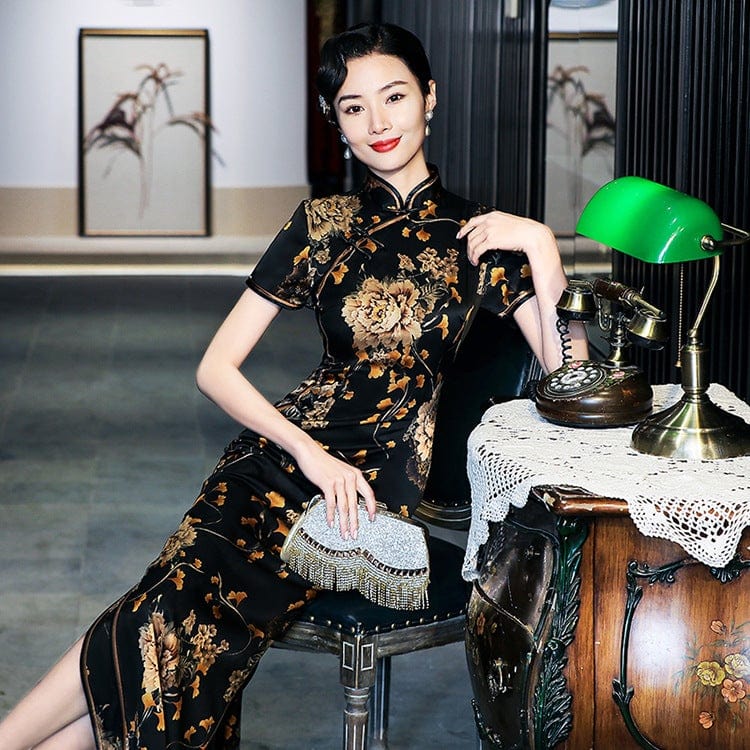 Beth and Brian Qipao- WXG 19 mome mulberry silk, floral pattern,  black and gold Qipao