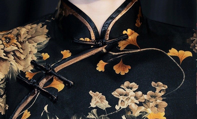Beth and Brian Qipao- WXG 19 mome mulberry silk, floral pattern,  black and gold Qipao