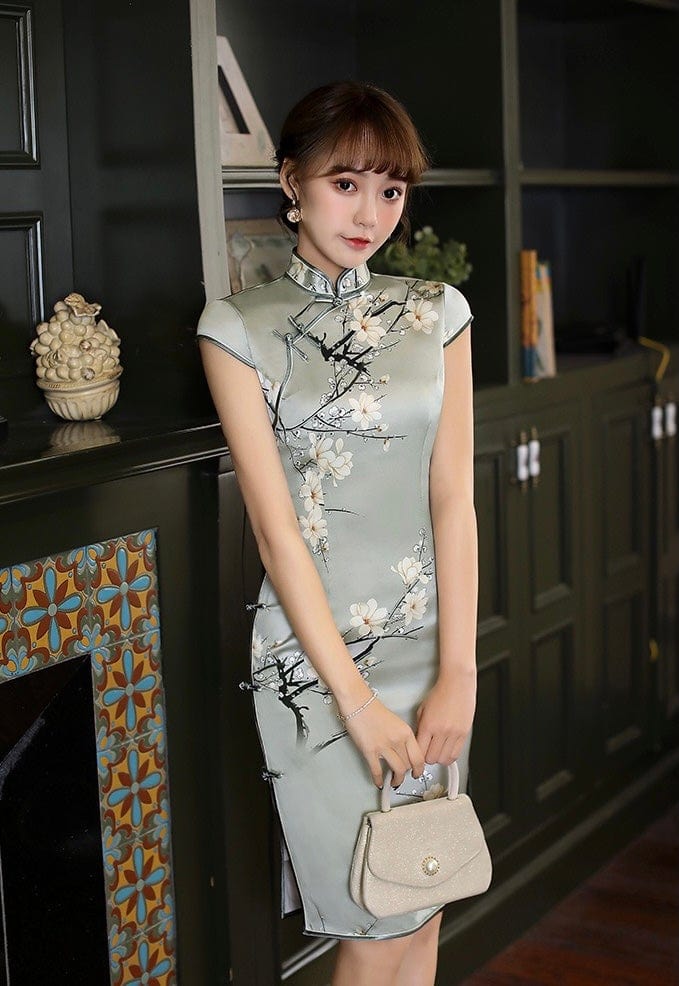 Beth and Brian Qipao - QXY 19 mome mulberry silk, Floral print, High-end short Qipao