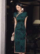 green chinese dress Floral Acetate Long Qipao | & Red Cheongsam Cyan The coordinated wide The perfect Crochet Birthday Size:3XMT