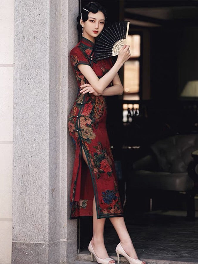 Beth and Brian Qipao - GSJ Classic Chinese style, floral pattern, silk long Qipao