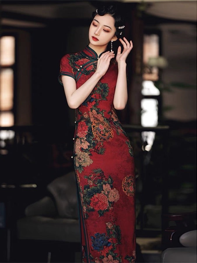 Vintage Red Chinese Floral Qipao Cheongsam Dress | Stacy, XL Vintage Red Chinese Floral Qipao Cheongsam Dress | Stacy, XL