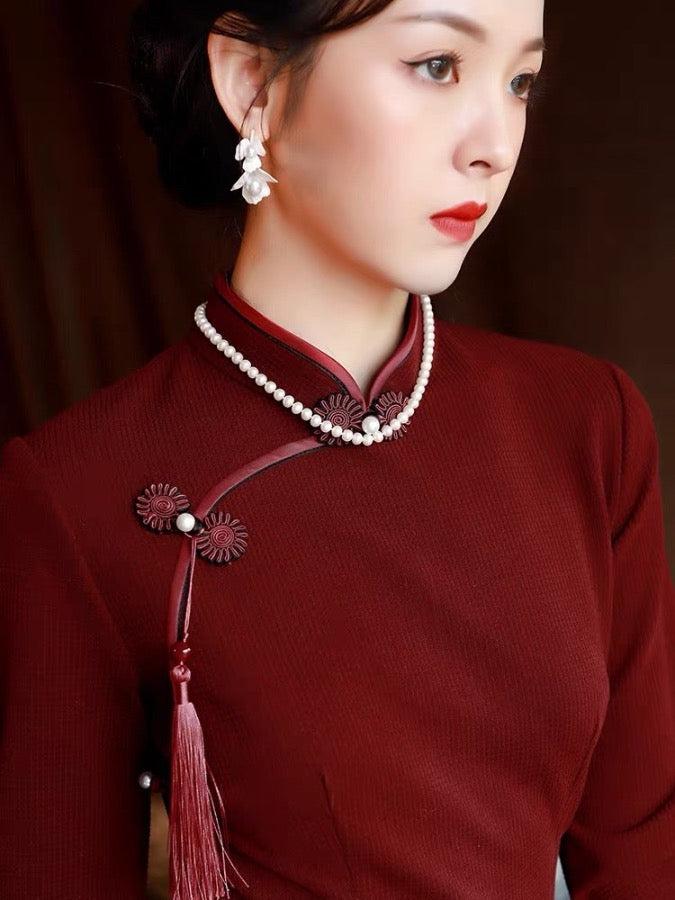 Beth and Brian Qipao - JLM Winter and Spring collection, Cashmere wool mid-length red Qipao