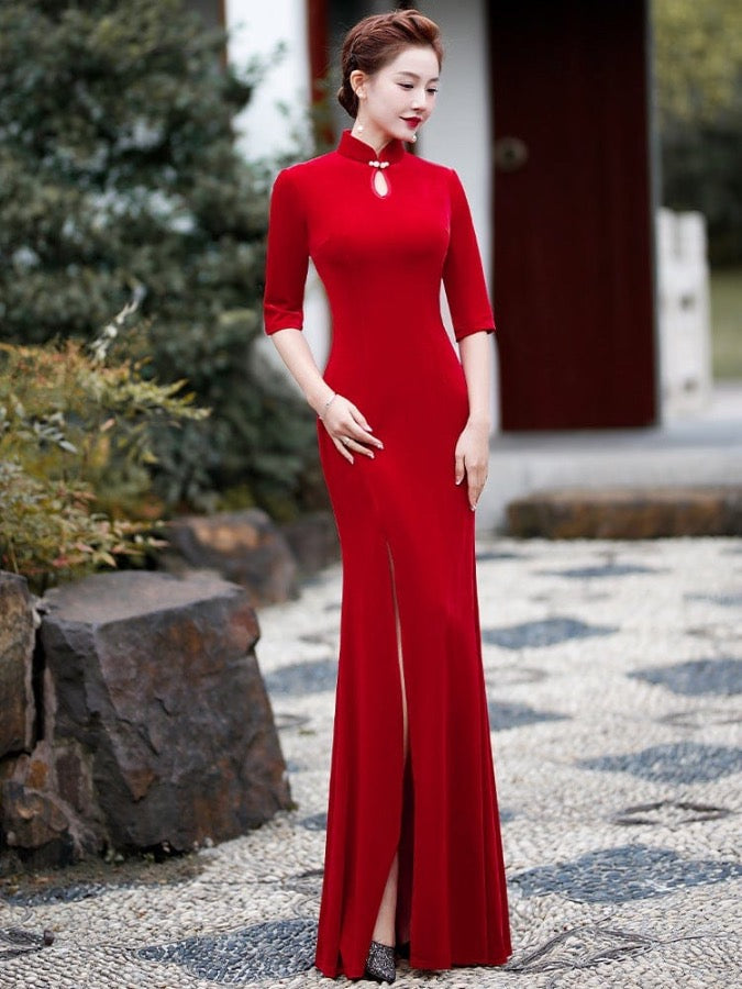 Beth and Brian Qipao - XYG Qipao for event, velvet material, fish tail full length Qipao