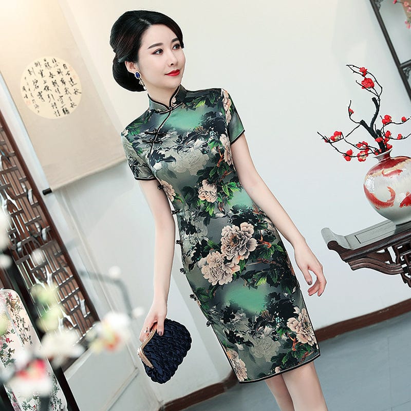 Beth and Brian Qipao - WXG Mulberry silk, floral Pattern, short green Qipao