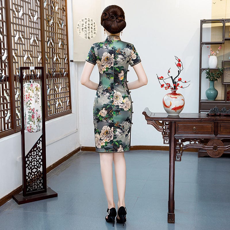 Beth and Brian Qipao - WXG Mulberry silk, floral Pattern, short green Qipao