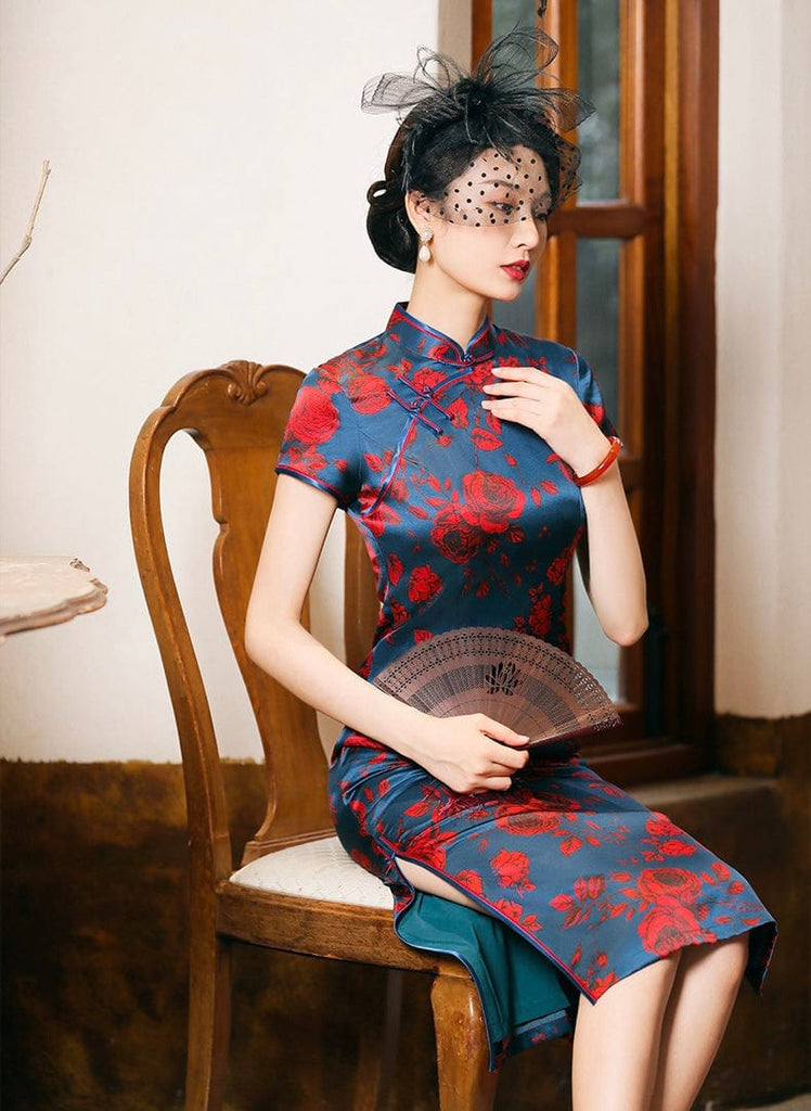 Beth and Brian Qipao-TL 19 mome mulberry silk, rose print midi Qipao