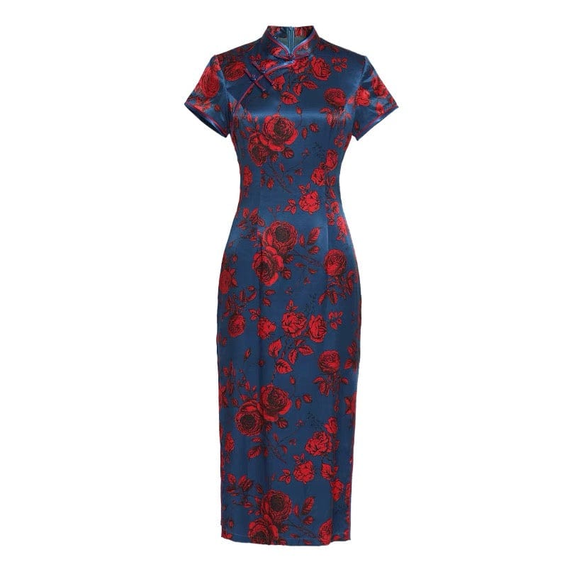 Beth and Brian Qipao-TL 19 mome mulberry silk, rose print midi Qipao