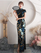 Beth and Brian Qipao - QL Peacock tail embroidery, black long Qipao