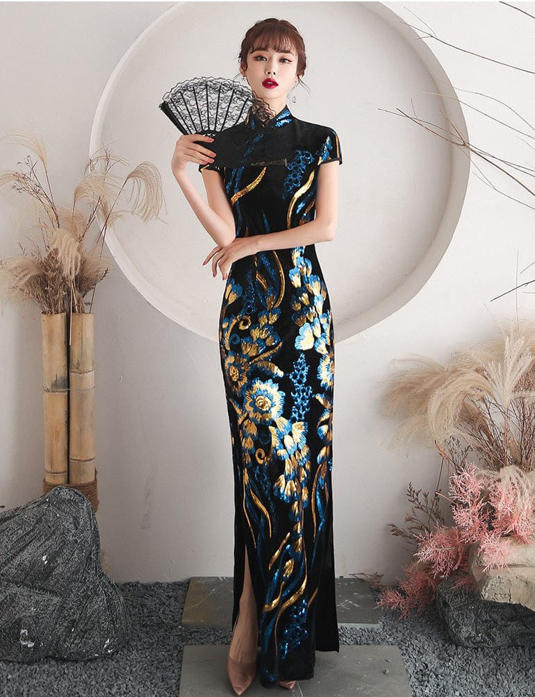Beth and Brian Qipao - QL Peacock tail embroidery, black long Qipao