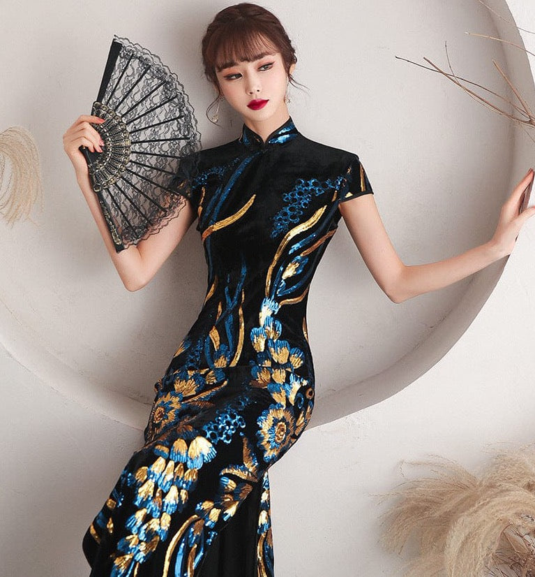 Beth and Brian Qipao - QL Peacock tail embroidery, black long Qipao