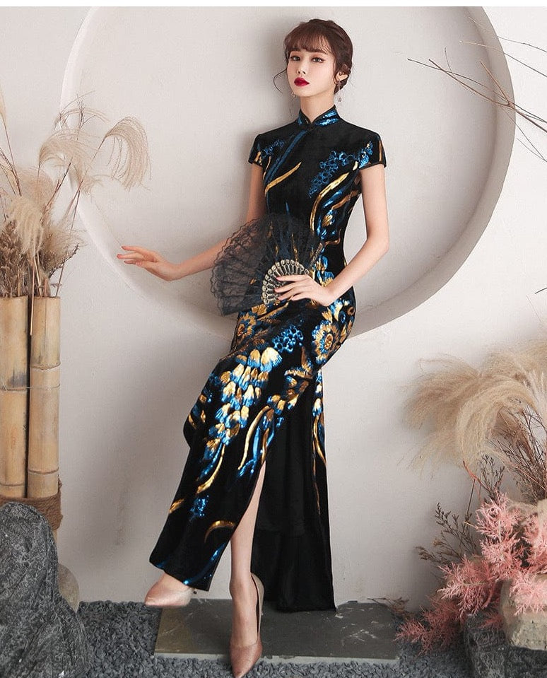 Beth and Brian Qipao - QL Peacock tail embroidery, black long Qipao