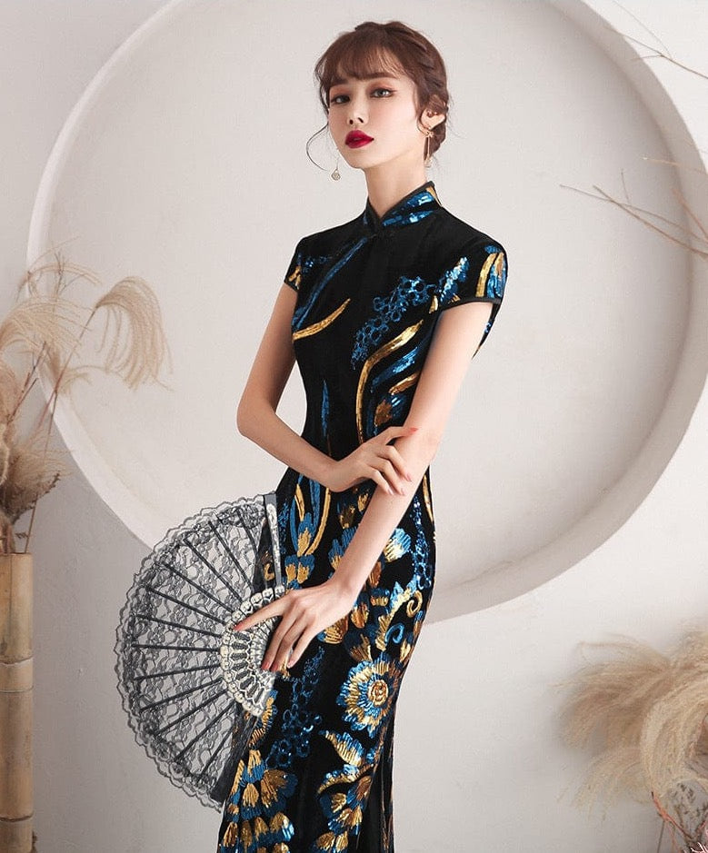 Beth and Brian Qipao - QL Peacock tail embroidery, black long Qipao