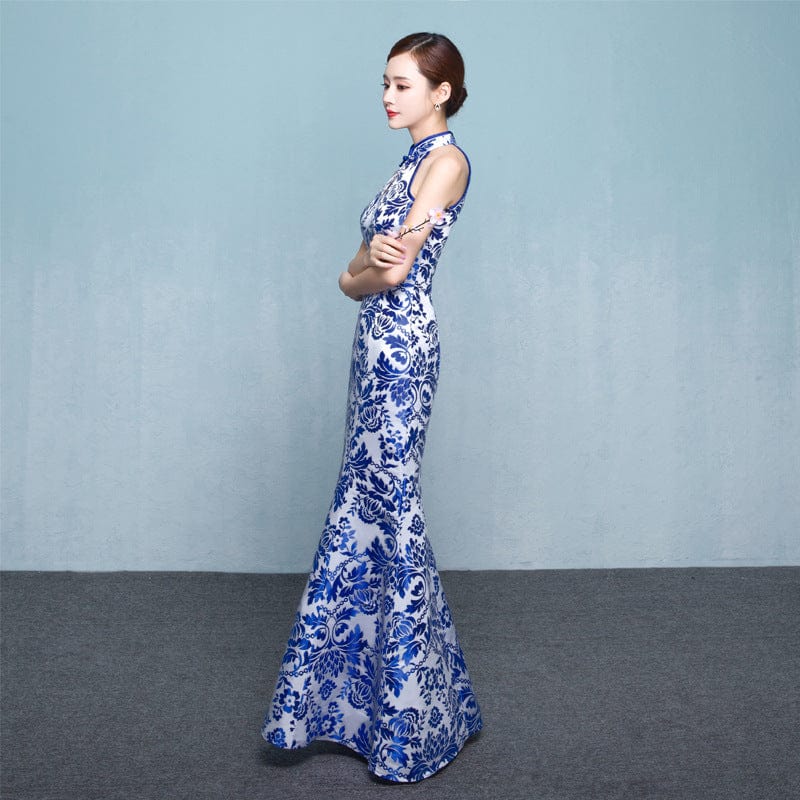 Beth and Brian Qipao - ASA Blue and white porcelain print, sleeveless fish tail Qipao