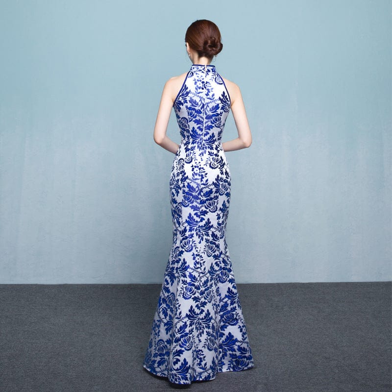 Beth and Brian Qipao - ASA Blue and white porcelain print, sleeveless fish tail Qipao