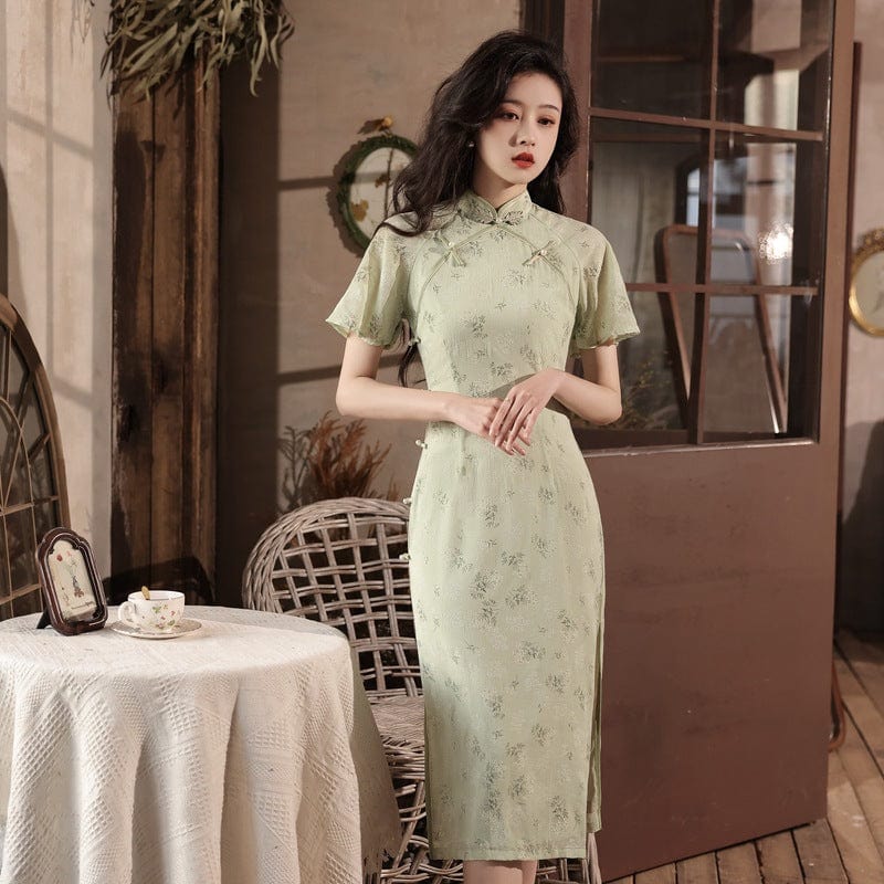 Beth and Brian Qipao Spring and summer collection, leaf print midi Qipao