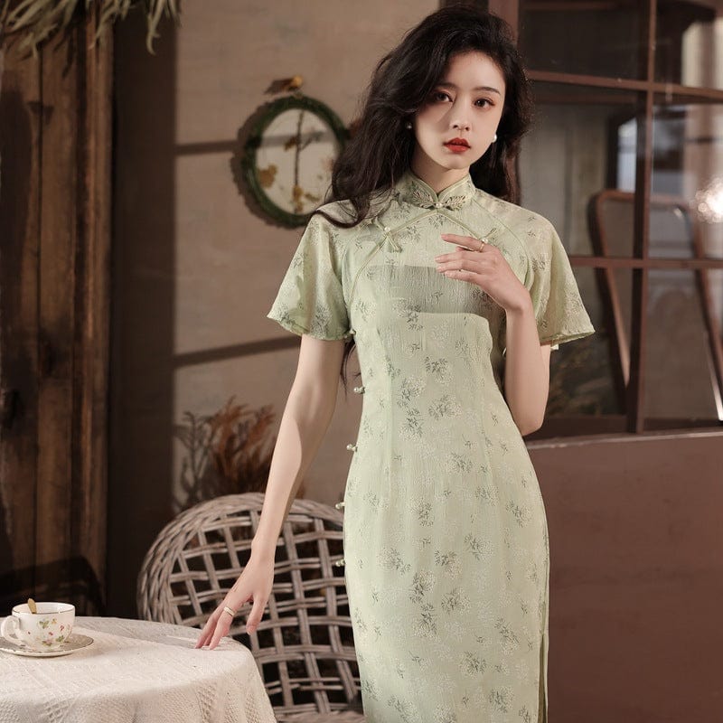 Beth and Brian Qipao Spring and summer collection, leaf print midi Qipao