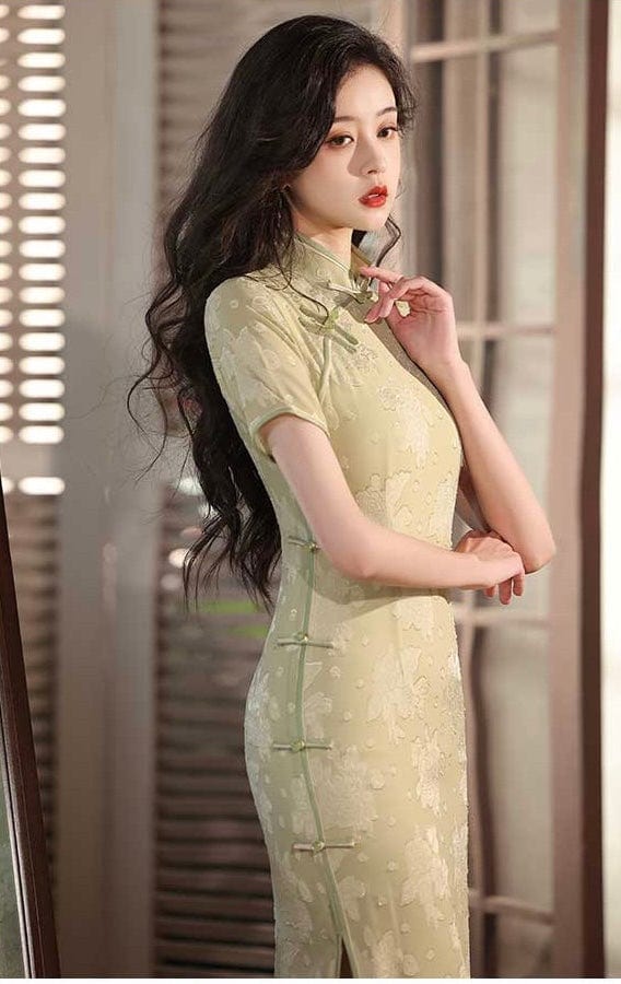 Beth and Brian Qipao-YG Spring and summer collection, chiffon midi Qipao