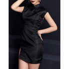 Beth and Brian Qipao - FL Black brocade short Qipao with raglan-sleeve