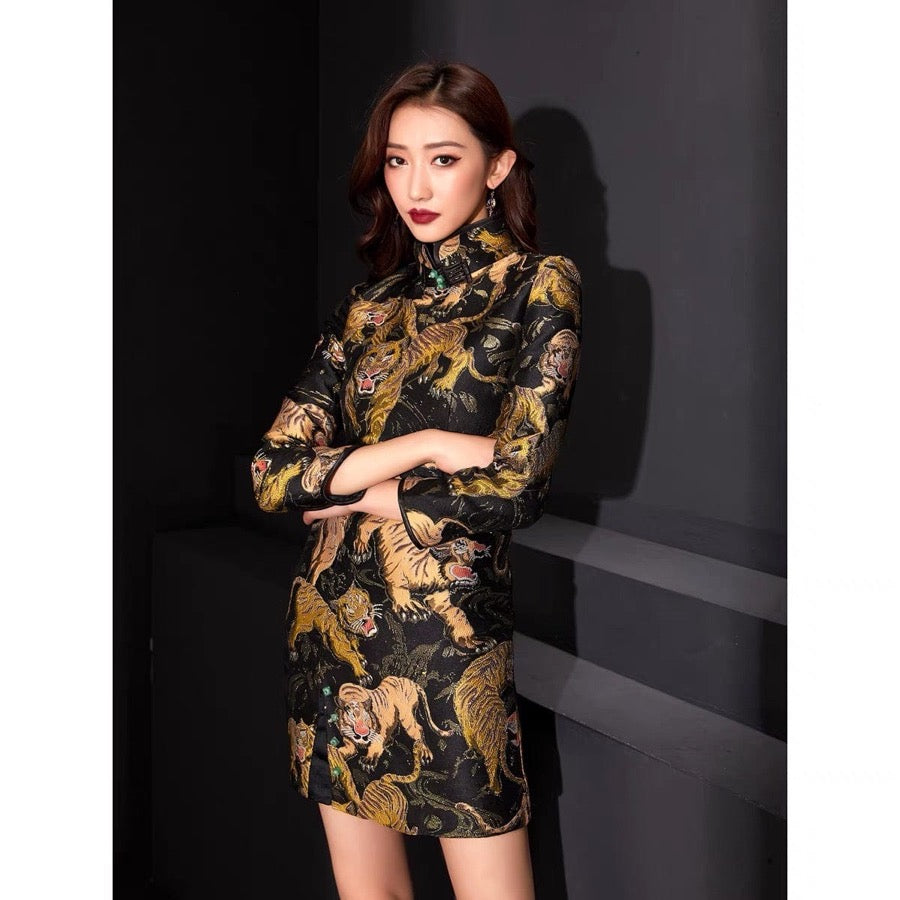 Beth and Brian Qipao - FL Tigger pattern, brocade black short Qipao