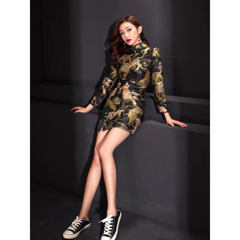 Beth and Brian Qipao - FL Tigger pattern, brocade black short Qipao