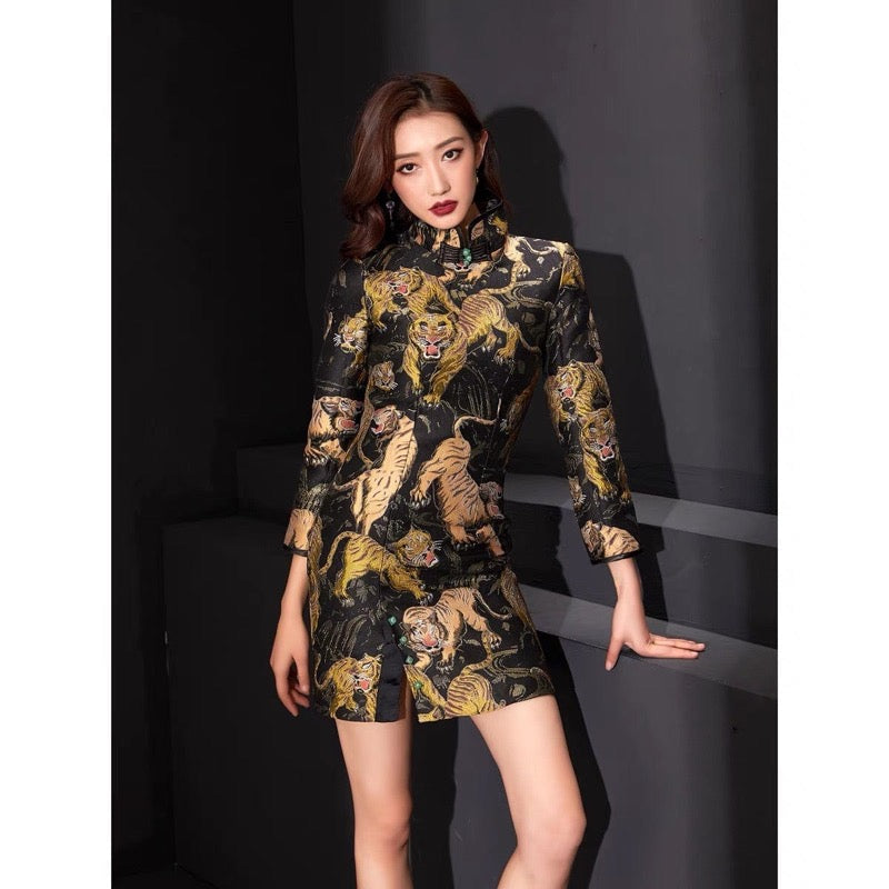Beth and Brian Qipao - FL Tigger pattern, brocade black short Qipao