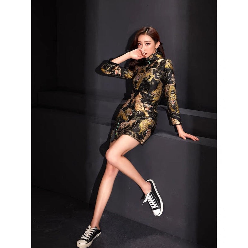 Beth and Brian Qipao - FL Tigger pattern, brocade black short Qipao