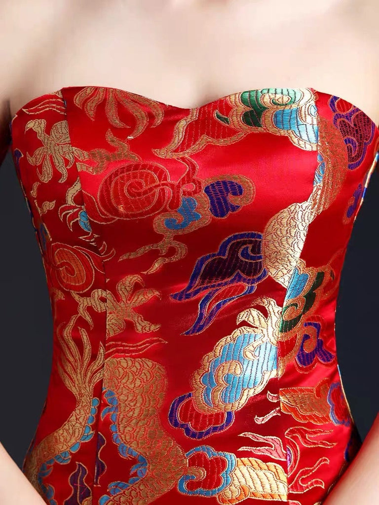 Beth and Brian Qipao-XLF Dragon embroidery, tube top Qipao with fishtail