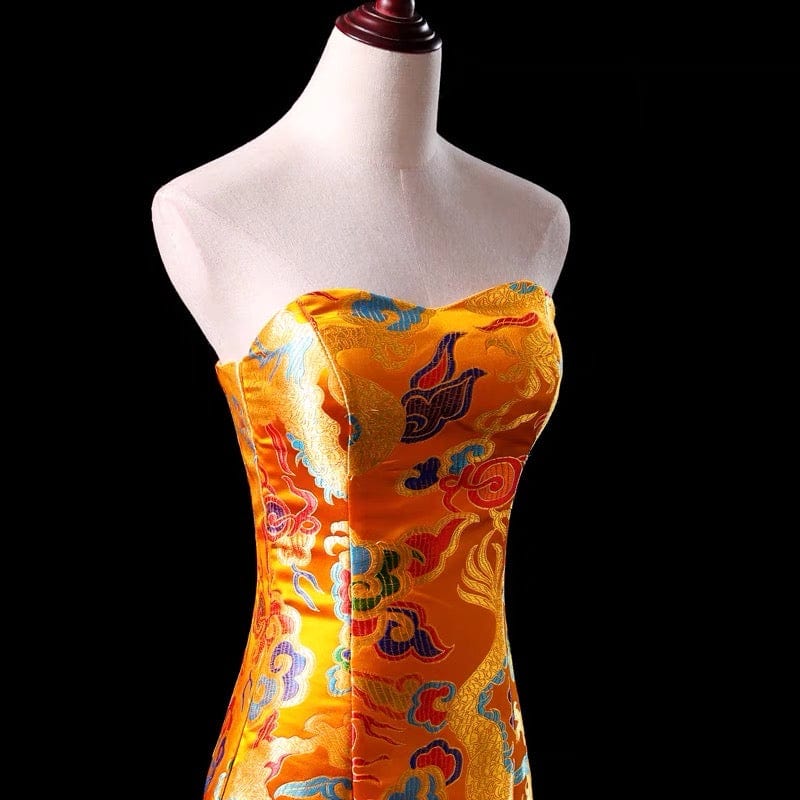 Beth and Brian Qipao-XLF Dragon embroidery, tube top Qipao with fishtail