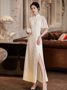 Beth and Brian Qipao - ZZZH Modern style, lace wedding Qipao with lotus leaf sleeves