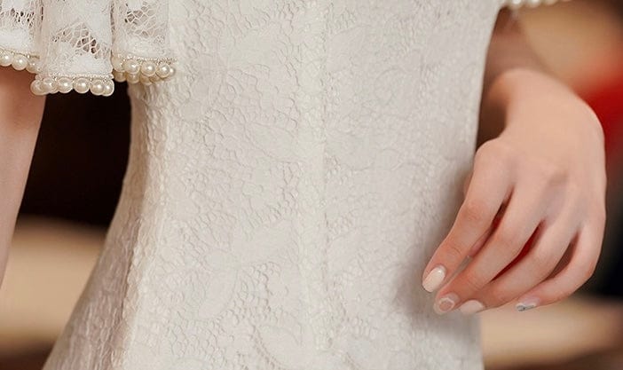 Beth and Brian Qipao - ZZZH Modern style, lace wedding Qipao with lotus leaf sleeves