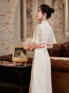 Beth and Brian Qipao - ZZZH Modern style, lace wedding Qipao with lotus leaf sleeves