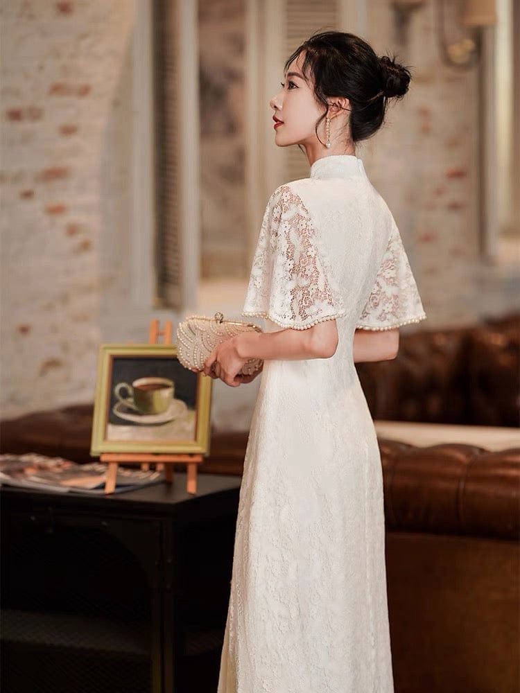 Beth and Brian Qipao - ZZZH Modern style, lace wedding Qipao with lotus leaf sleeves