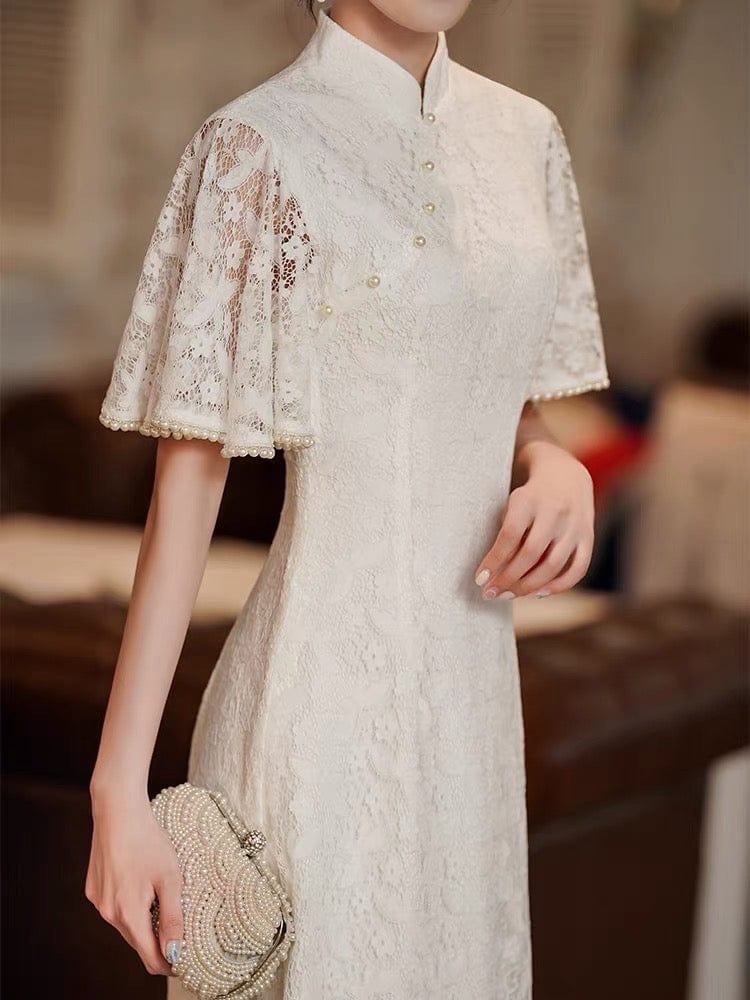 Beth and Brian Qipao - ZZZH Modern style, lace wedding Qipao with lotus leaf sleeves