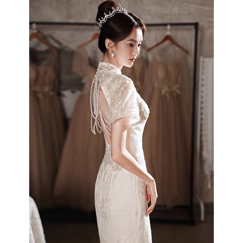 BethandBrianQipao-XJ Floral embroidery, fish tail lace wedding Qipao