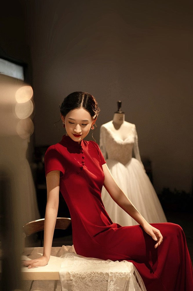 Beth and Brian Qipao - SDX Modern style, butterfly mesh fabric, floor length wedding Qipao