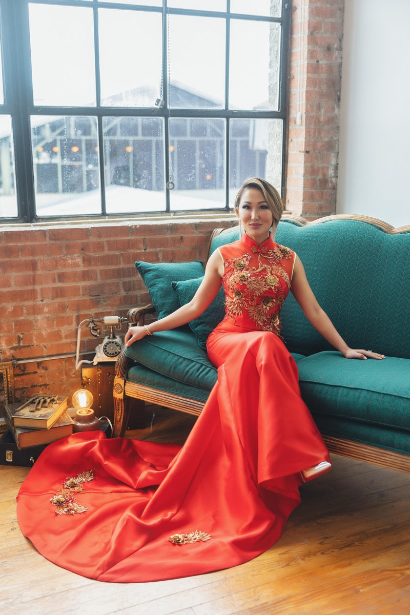 Beth and Brian Qipao - XLF Mrs.Tiffany - Floral Sequined, red fishtail Qipao