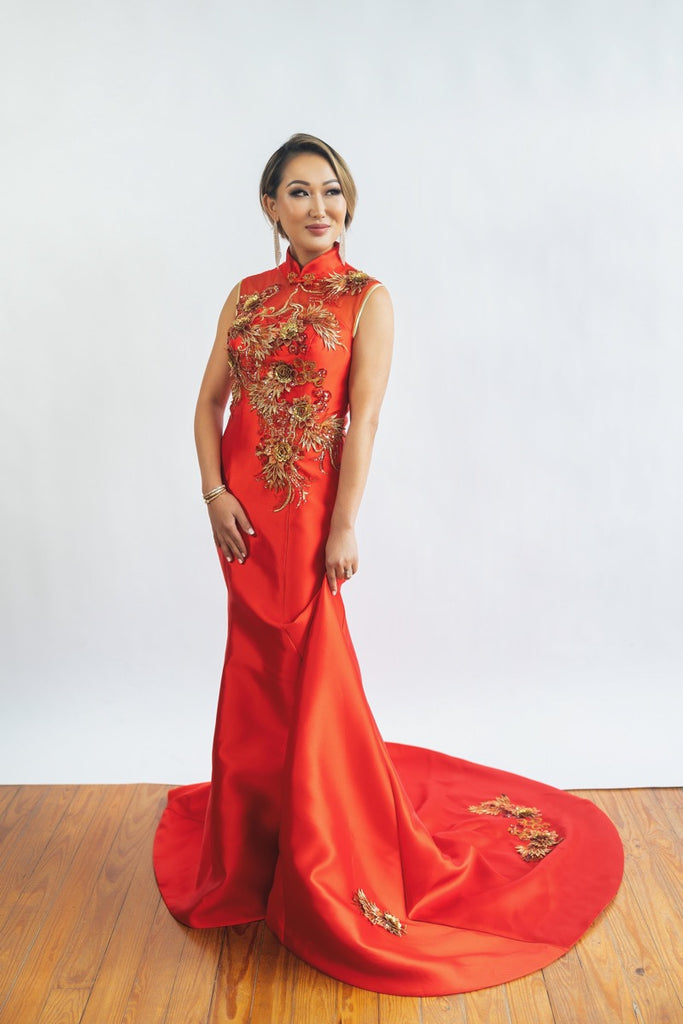 Beth and Brian Qipao - XLF Mrs.Tiffany - Floral Sequined, red fishtail Qipao