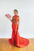 Beth and Brian Qipao - XLF Mrs.Tiffany - Floral Sequined, red fishtail Qipao